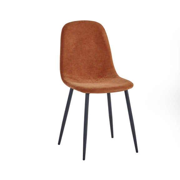 Brown upholstered chair with black legs on a white background