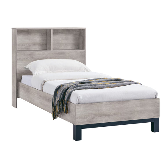 Wooden bed with white bedding and a gray blanket on a white background