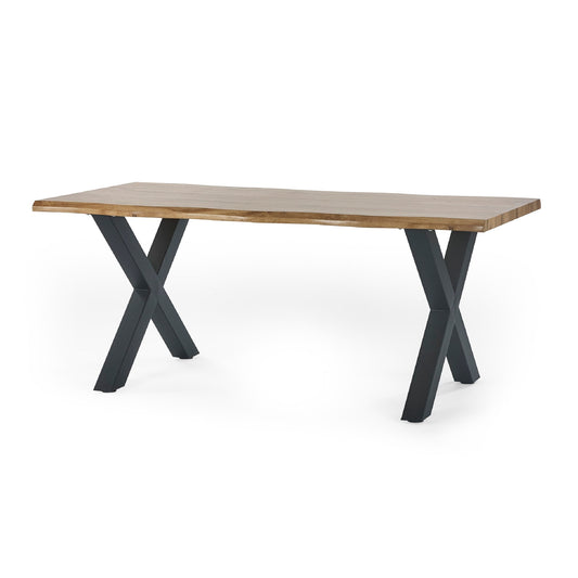 Wooden table with black metal legs on a white background