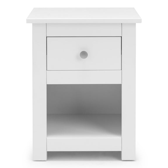 White nightstand with a single drawer on a white background