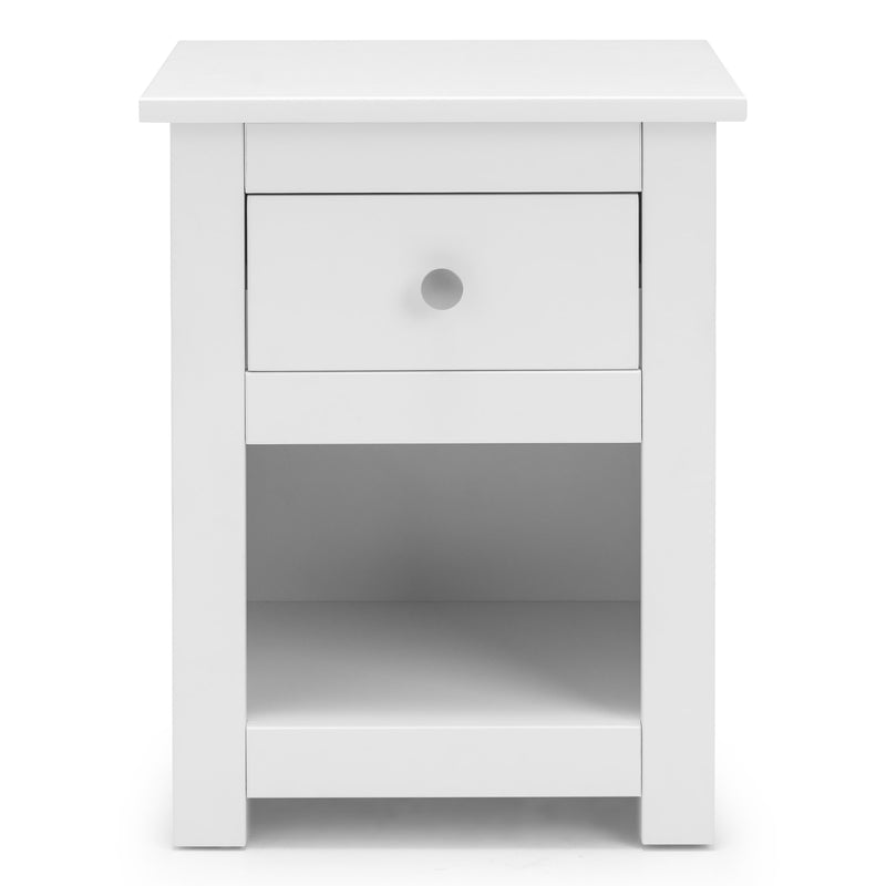 White nightstand with a single drawer on a white background