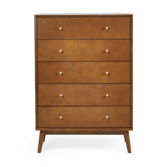 Wooden dresser with four drawers on a white background
