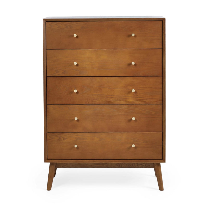 Wooden dresser with four drawers on a white background
