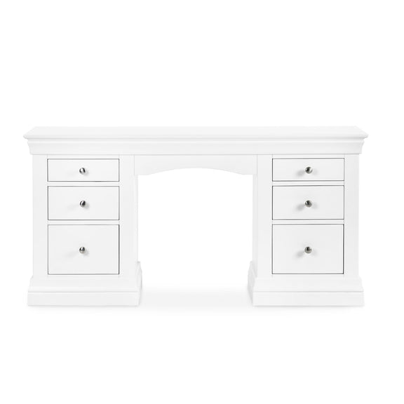 White desk with multiple drawers on a white background