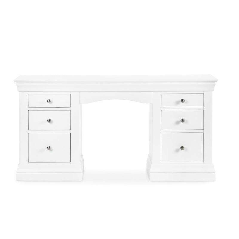 White desk with multiple drawers on a white background