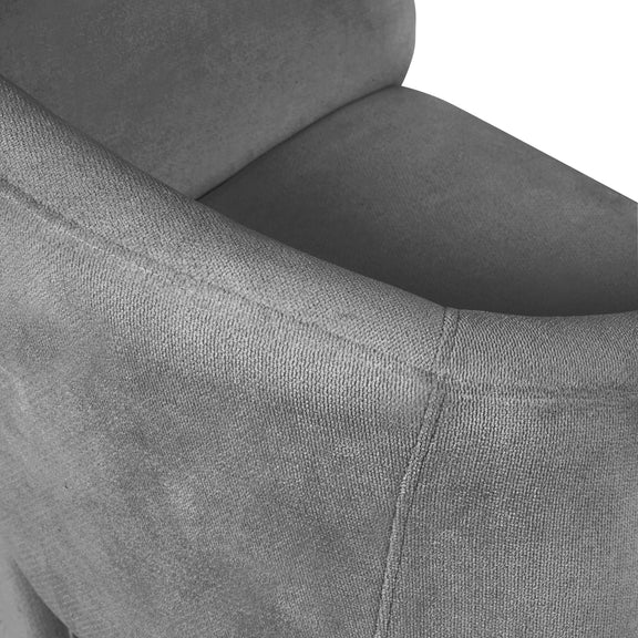 Gray fabric armchair with a close-up of the upholstery texture.