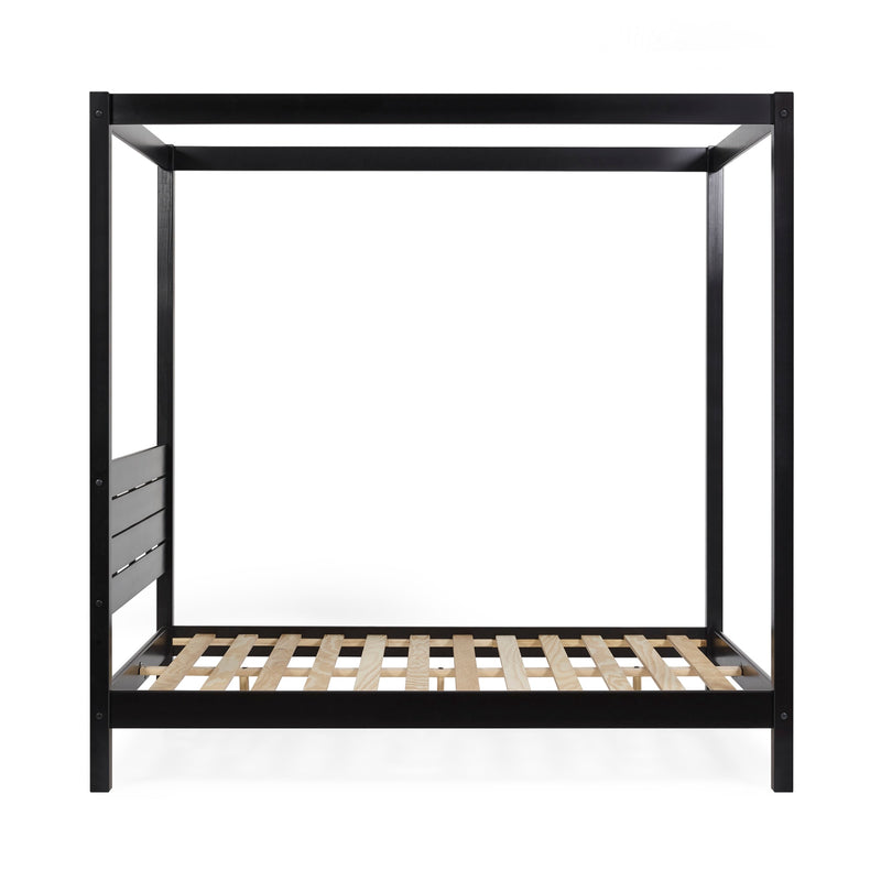 Black metal canopy bed frame on a white background
