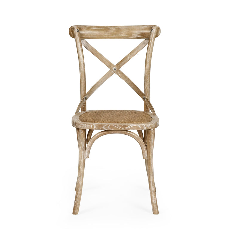 Wooden chair with woven backrest on a white background