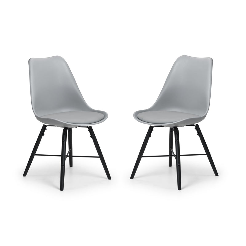 Two gray chairs with black legs on a white background