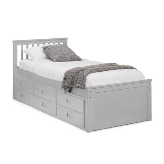 Gray wooden bed with white mattress and gray bedding on a white background