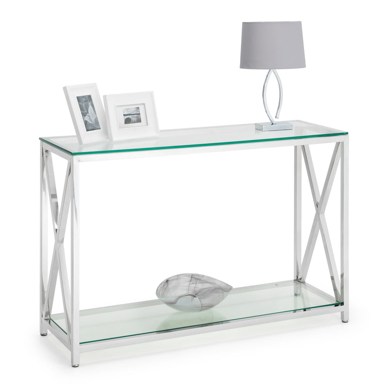 Glass console table with metal frame on a white background