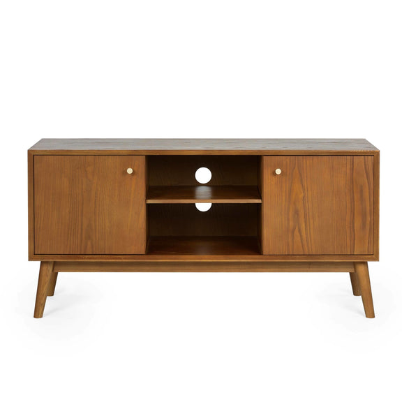 Wooden TV stand with a shelf on a white background