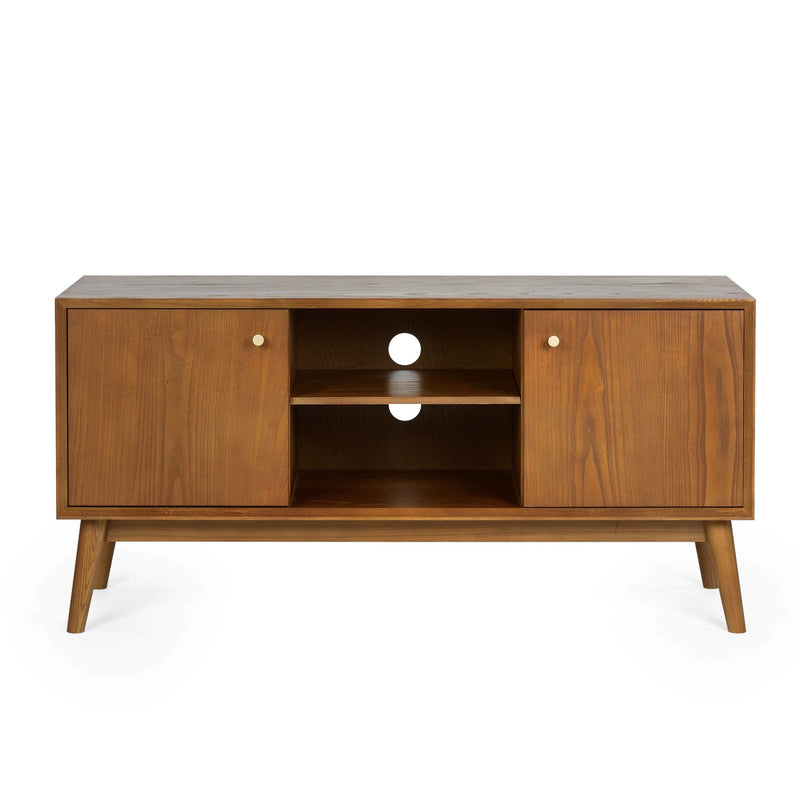 Wooden TV stand with a shelf on a white background