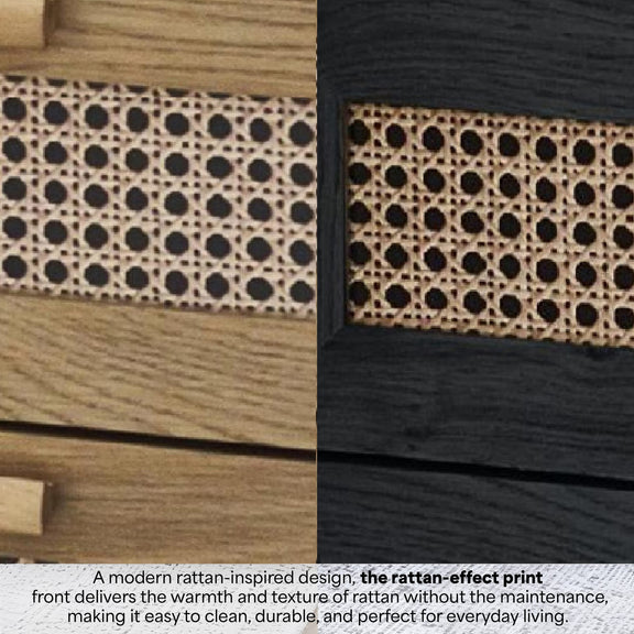 Close-up of rattan-effect print on wooden surface with text describing its benefits.