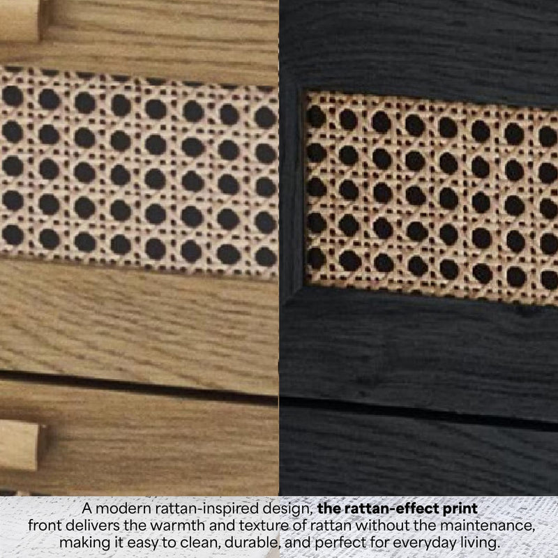 Close-up of rattan-effect print on wooden surface with text describing its benefits.