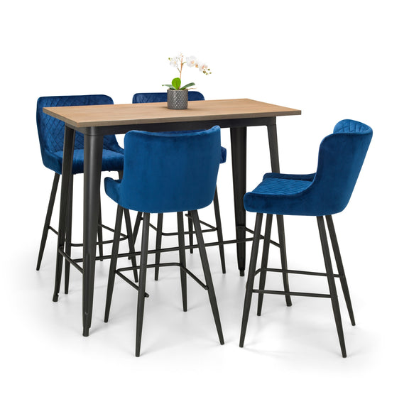 Set of blue bar stools around a wooden table on a white background