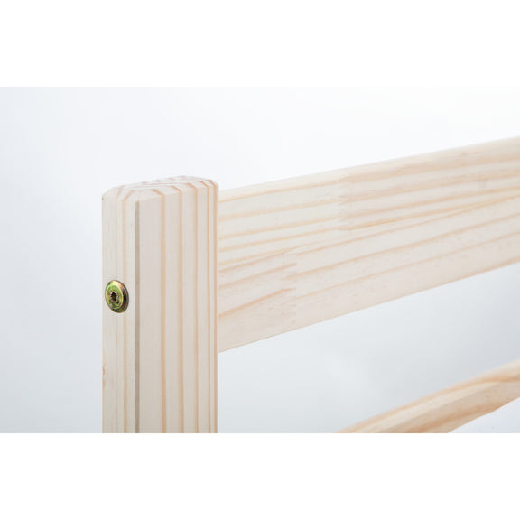 Close-up of a wooden bed frame corner with a screw on a white background