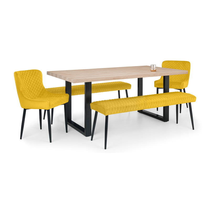 Dining set with a table and four yellow chairs on a white background