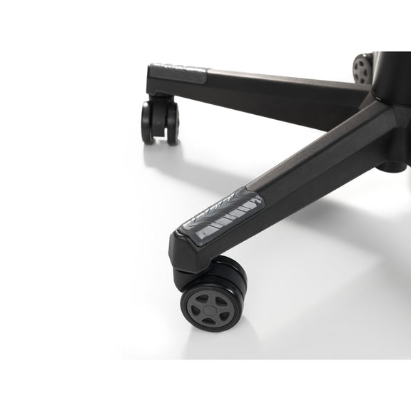 Close-up of a black office chair base with wheels on a white background