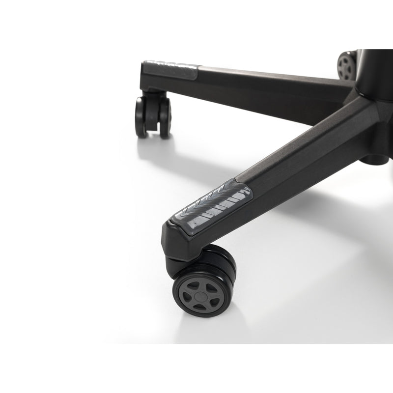 Close-up of a black office chair base with wheels on a white background