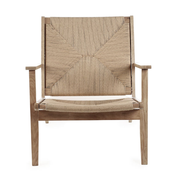 Wooden chair with woven backrest and seat on a white background