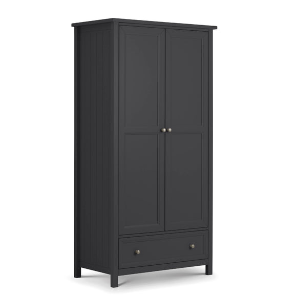Black wardrobe with two doors and a drawer on a white background