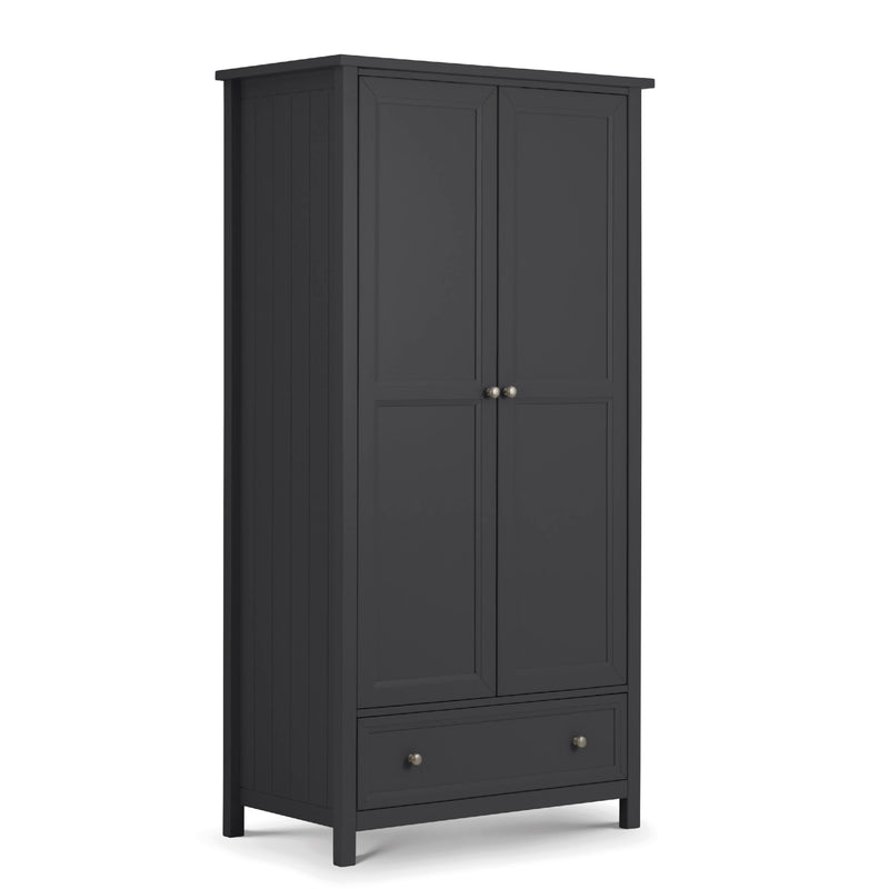 Black wardrobe with two doors and a drawer on a white background