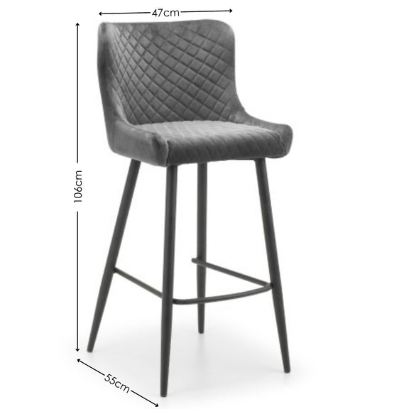 Gray quilted bar stool with dimensions on a white background