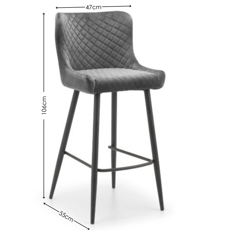 Gray quilted bar stool with dimensions on a white background
