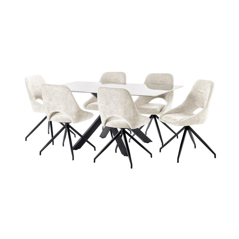 White round table with six matching chairs on a white background