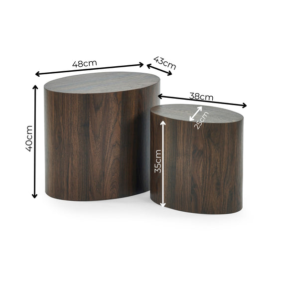 Two wooden stools with measurements indicated on a white background
