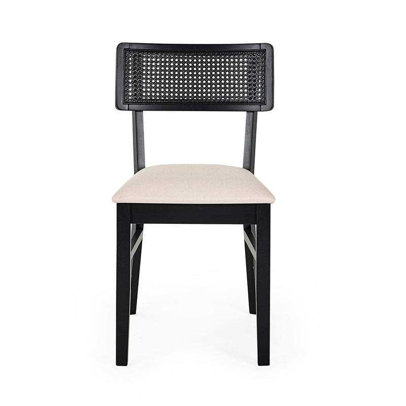 Black chair with woven backrest and beige cushion on a white background
