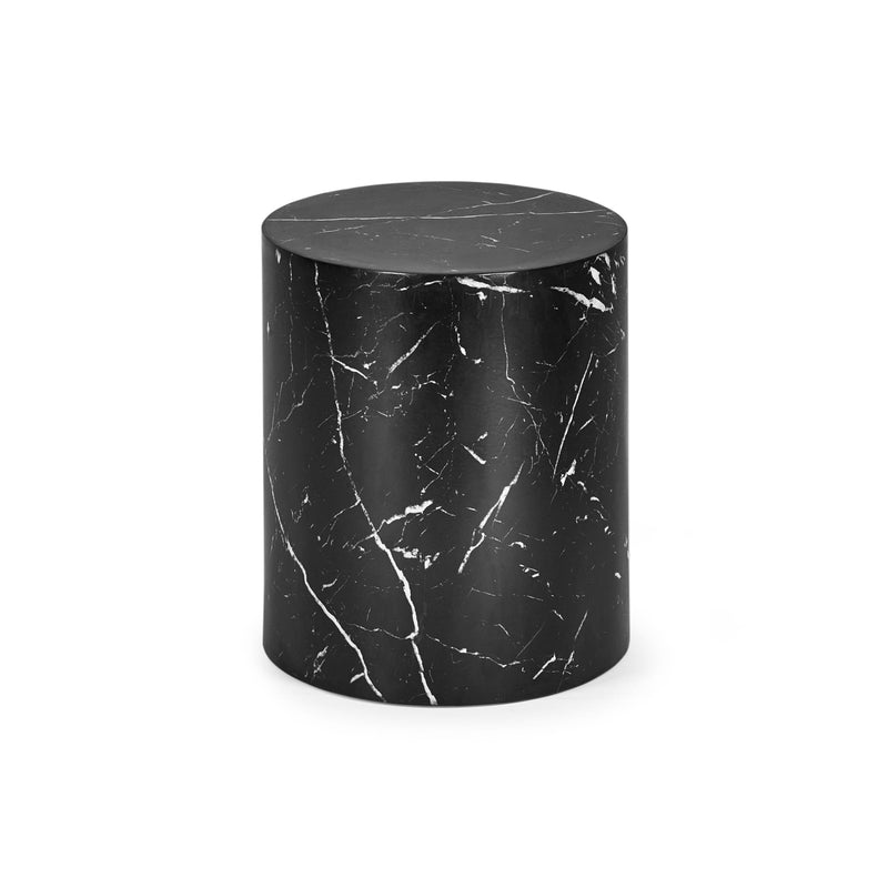 Black marble cylindrical side table on a white background