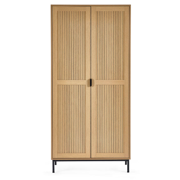 Wooden wardrobe with slatted doors on a white background
