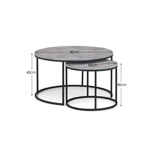 Set of two round tables with dimensions indicated on a white background