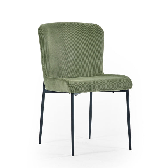 Green upholstered chair with black legs on a white background