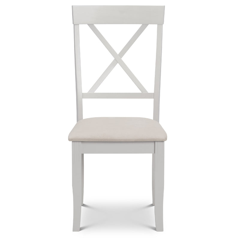 White wooden chair with a cream cushion on a white background