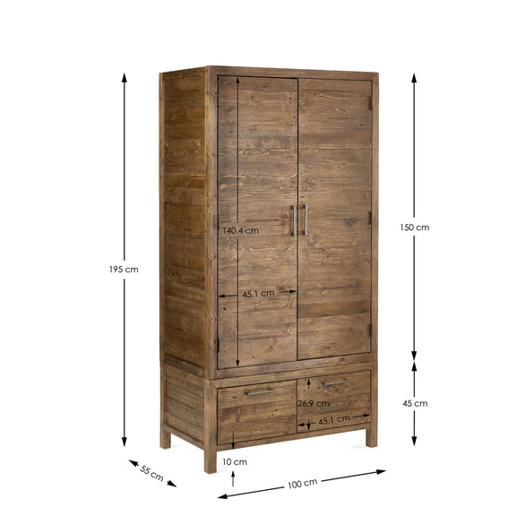 Wooden wardrobe with dimensions labeled on a white background