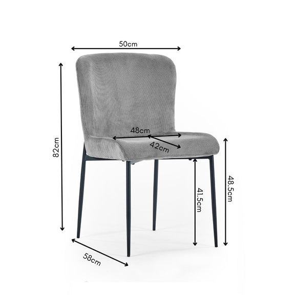 Gray chair with dimensions labeled on a white background