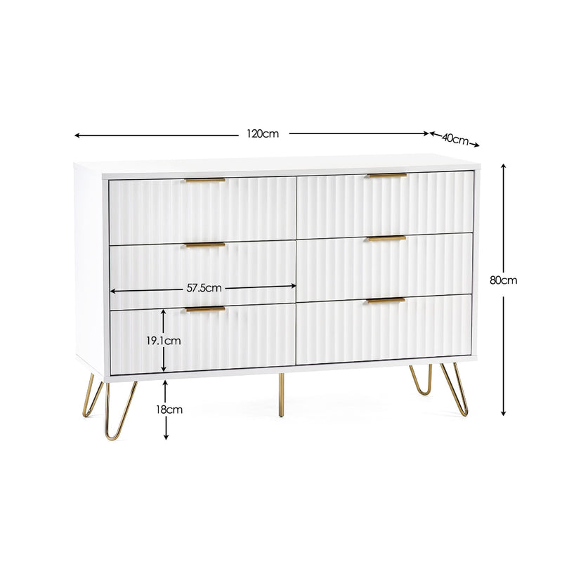 White dresser with gold legs and dimensions on a white background