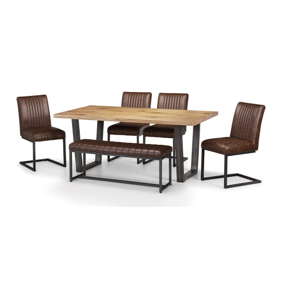 Dining set with a wooden table and four brown chairs on a white background