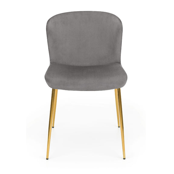 Gray upholstered chair with gold legs on a white background