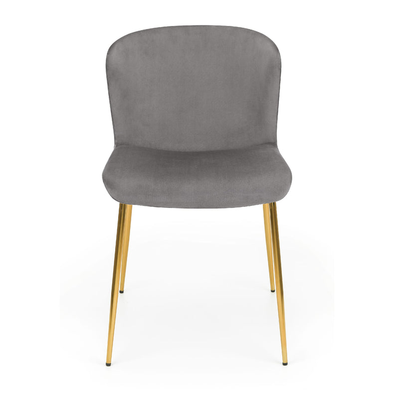 Gray upholstered chair with gold legs on a white background
