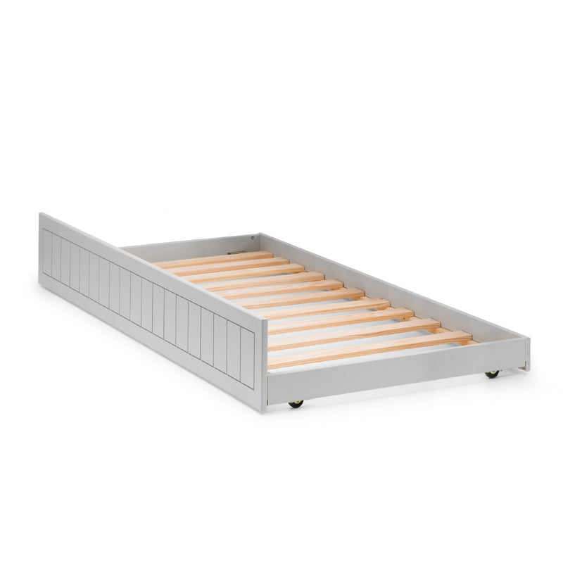White bed frame with wooden slats on a white background