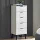 White five-drawer dresser against a gray wall with a plant on top
