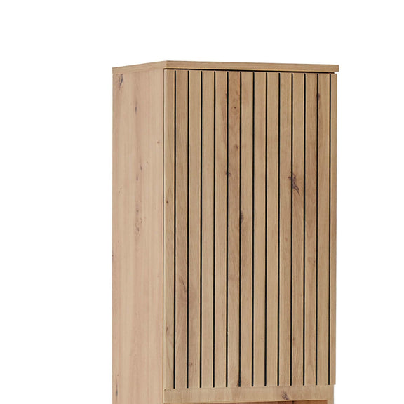 Wooden cabinet with slatted design on a white background