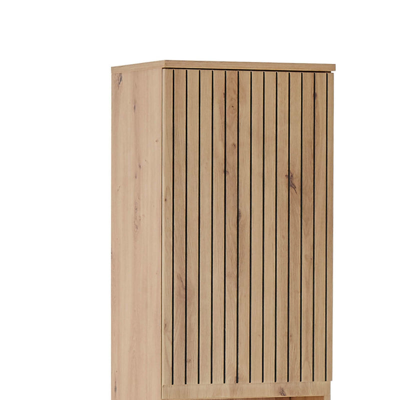 Wooden cabinet with slatted design on a white background