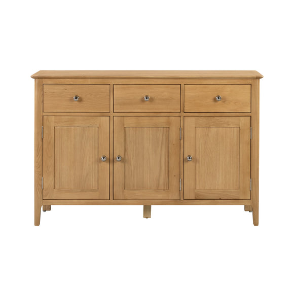 Wooden sideboard with three doors and three drawers on a white background