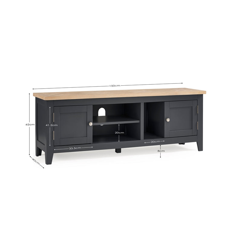 Black TV stand with wooden top and dimensions on a white background