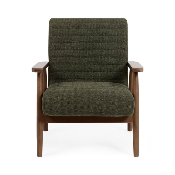 Green upholstered armchair with wooden arms and legs on a white background